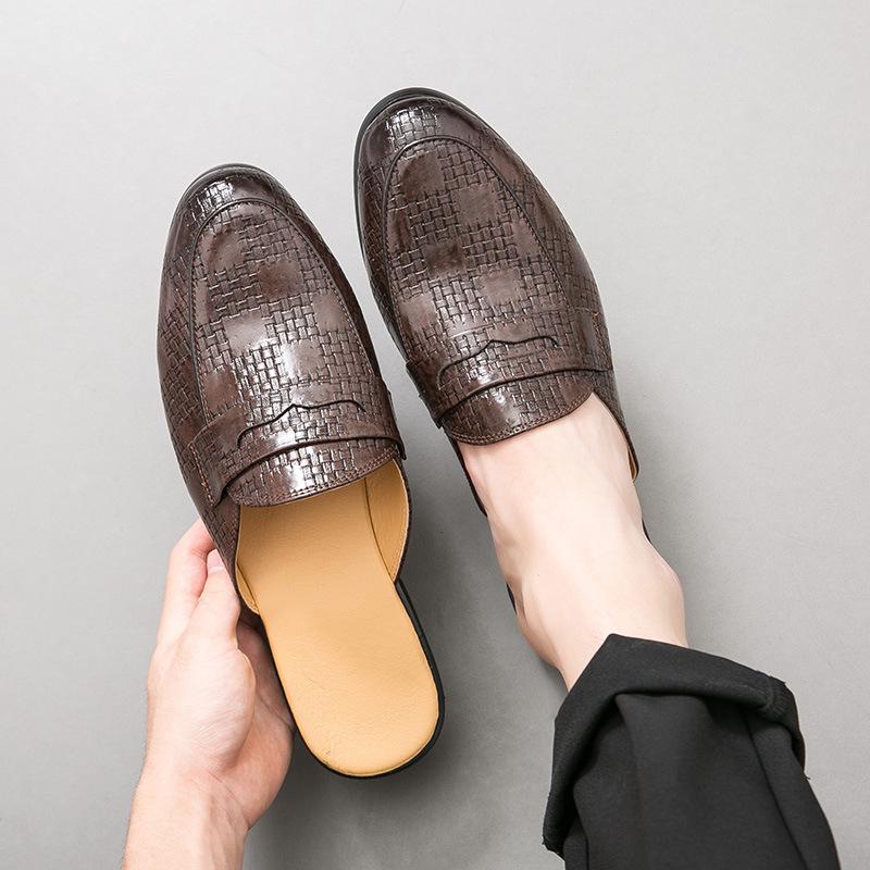 Men s Pointed Toe Cross-Strap Leather Sandals with Half-Open Back and Closed-Toe, British Style, No Heel 43