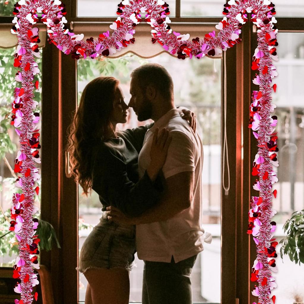 4 Strings Total 26.4 ft Valentines Tel Garlands - Each 6.6 ft Metallic Fringe Garland with Hearts Hanging Glitter Streamers for Wedding, Engagement,