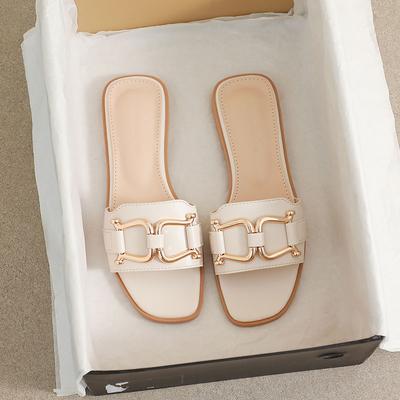 Moda Novas Mulheres Verão Chinelos De Couro Biqueira Quadrada Mulheres Flats Flip Flops Designer Senhoras Slides Sandálias Sapatos Femininos Sandálias De Luxo