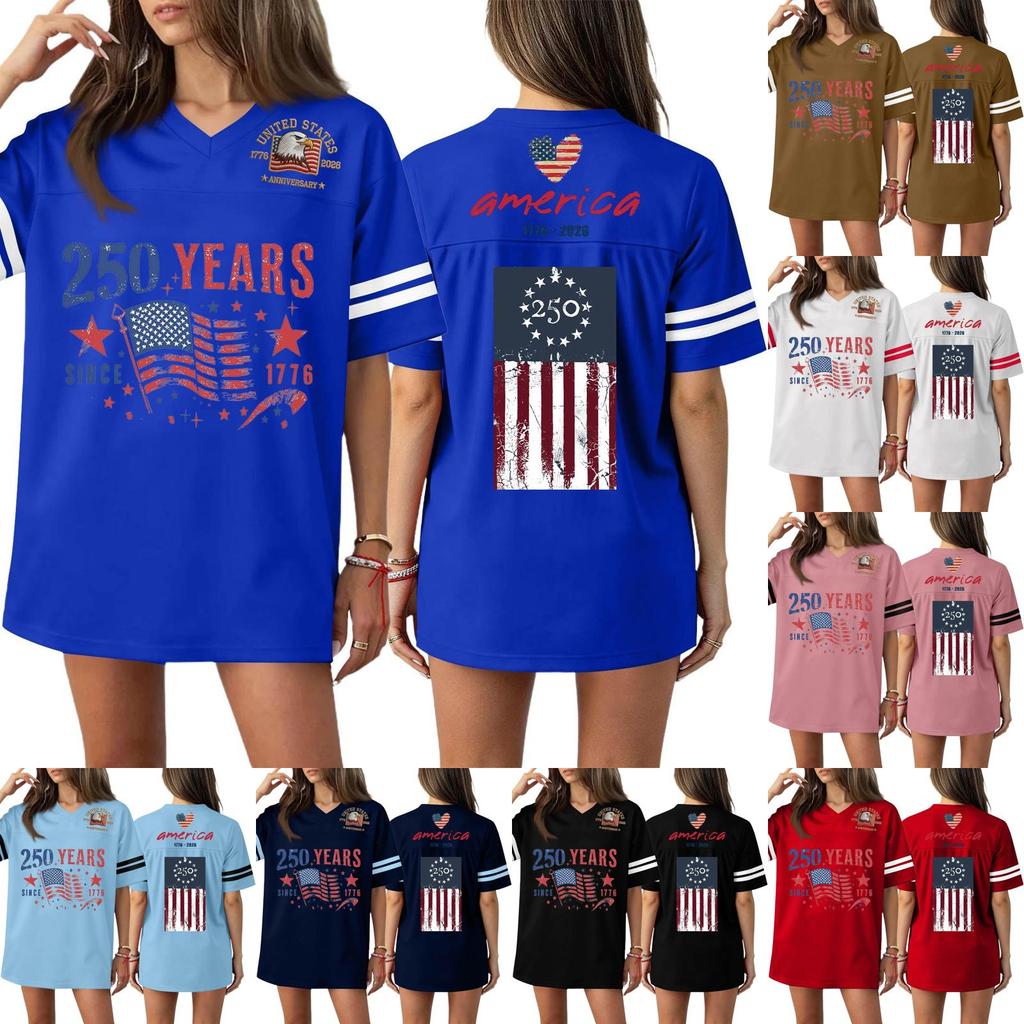 Women's Casual Fashion V-Neck Sports Independence Day Print Short Sleeve Sports T-Shirt Top