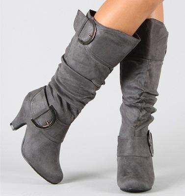 Frosted fleece spring and autumn women's boots belt buckle high knight boots thick heel shoes