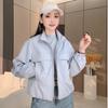 Women Solid Color Short Windbreaker Jacket Long Sleeve Turn Down Collar Zip Up Casual