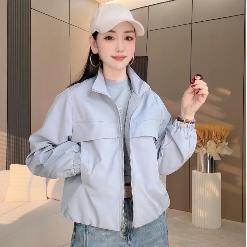 Women Solid Color Short Windbreaker Jacket Long Sleeve Turn Down Collar Zip Up Casual
