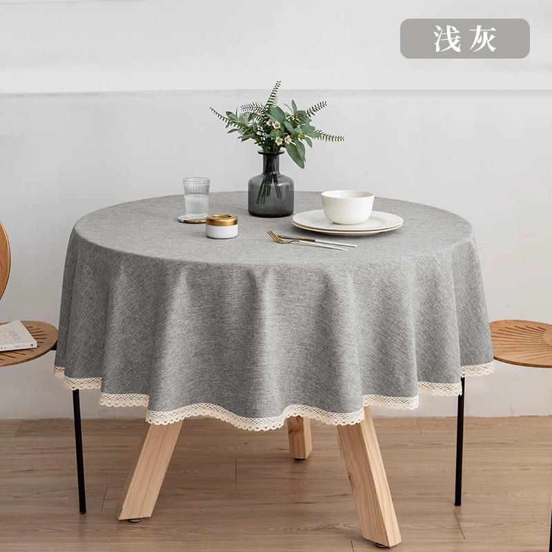 Round Solid Color Dining Table Cloth French Lace Cotton Linen Waterproof and Oil Proof Hotel Restaurant Tablecloth Decoration