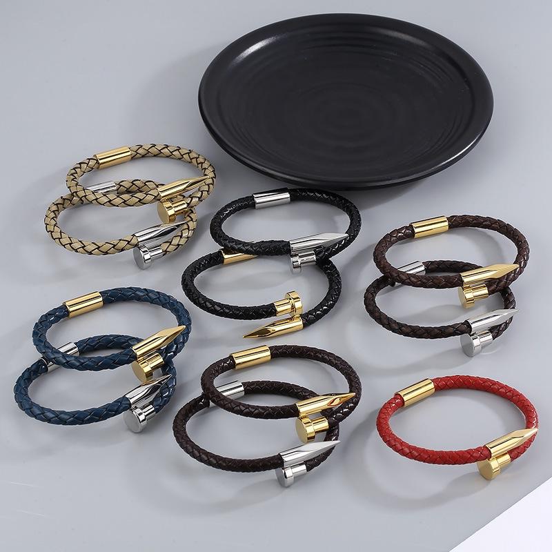 Men's Leather Magnetic Clasp Bracelet with Stainless Steel Nails