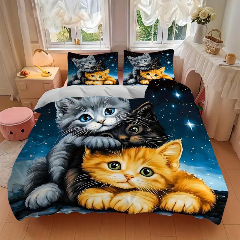 3pcs Three Cute Kittens Under a Starry Night Sky Pattern Bedding Three-Piece Set, This Printed Bedding Set Is Soft and Comfortable