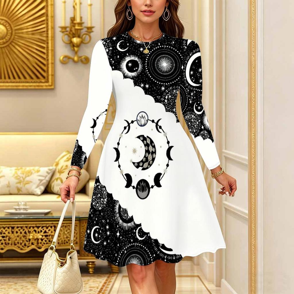 Women Long Sleeve Round Neck Midi Dress Retro Floral Vine Leaf Print Flared Casual Dress