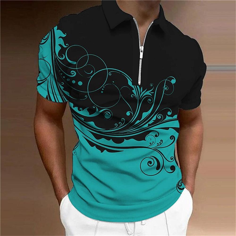 Fashion Zipper Polo Shirt For Men Floral Printed Daily Casual Short Sleeved Loose Oversized Shirt High Quality Men'S Clothing