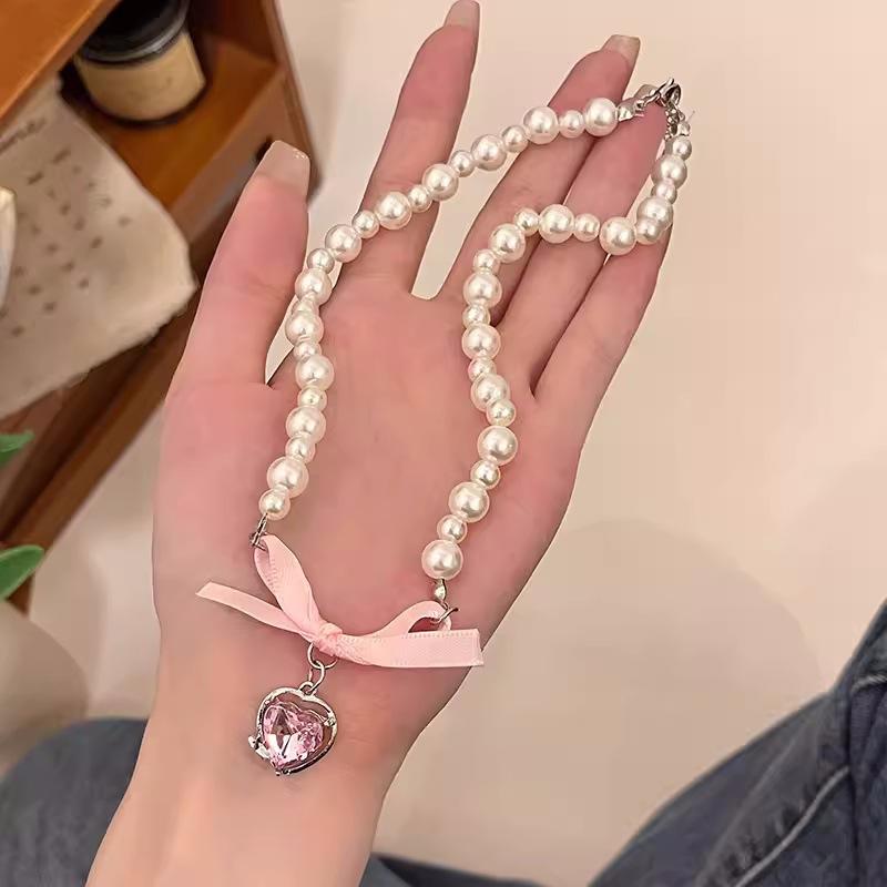Love Bow Pearl Necklace, Girls Light Luxury Pink Sweetheart Niche Neck Chain