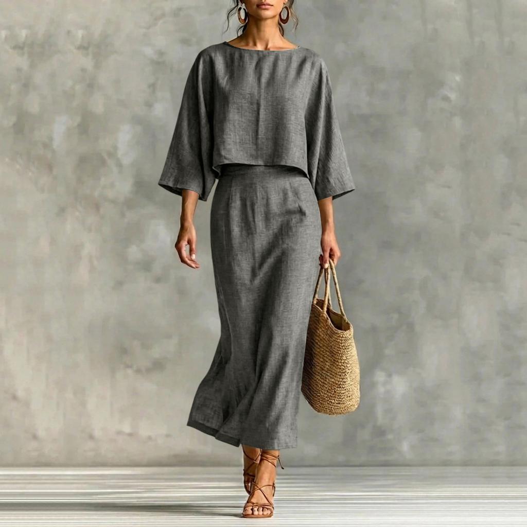 Modisches Lässiges Rundhals-Pullover-Oberteil mit Sieben-Zoll-Ärmeln und High-Waist-Midi-Rock-Set für Damen