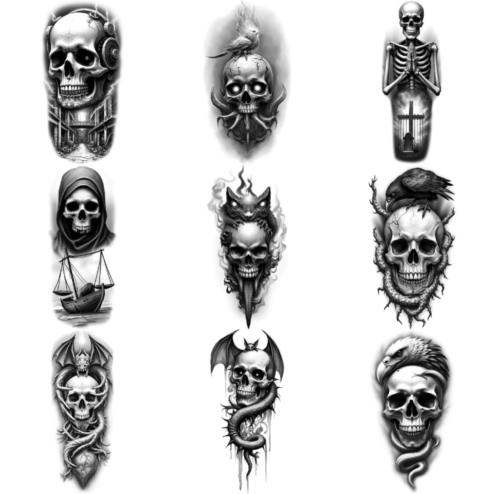 3pcs Temporary Tattoo Black And Grey Realism Demon Bat Skull Skull With Cat Skull With Eagle And Snake For Arms Thighs