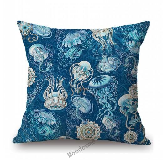 Ocean Blue Sea Life Marine Acquatics Jelly Fish Seashell Starfish Pattern Stylish Nordic Pillow Case Cotton Linen Cushion Cover