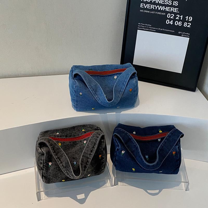 Denim Small Square Bag Flower Embroidery Lightweight Women's Shoulder Bag