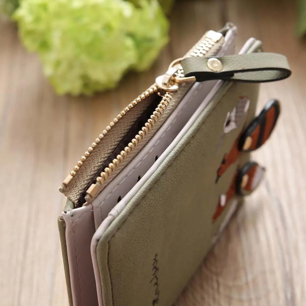 Cute Fox Embroidery Short Wallet with Zipper Mini Faux Leather Purse for Coins Cards and Daily Use for Women