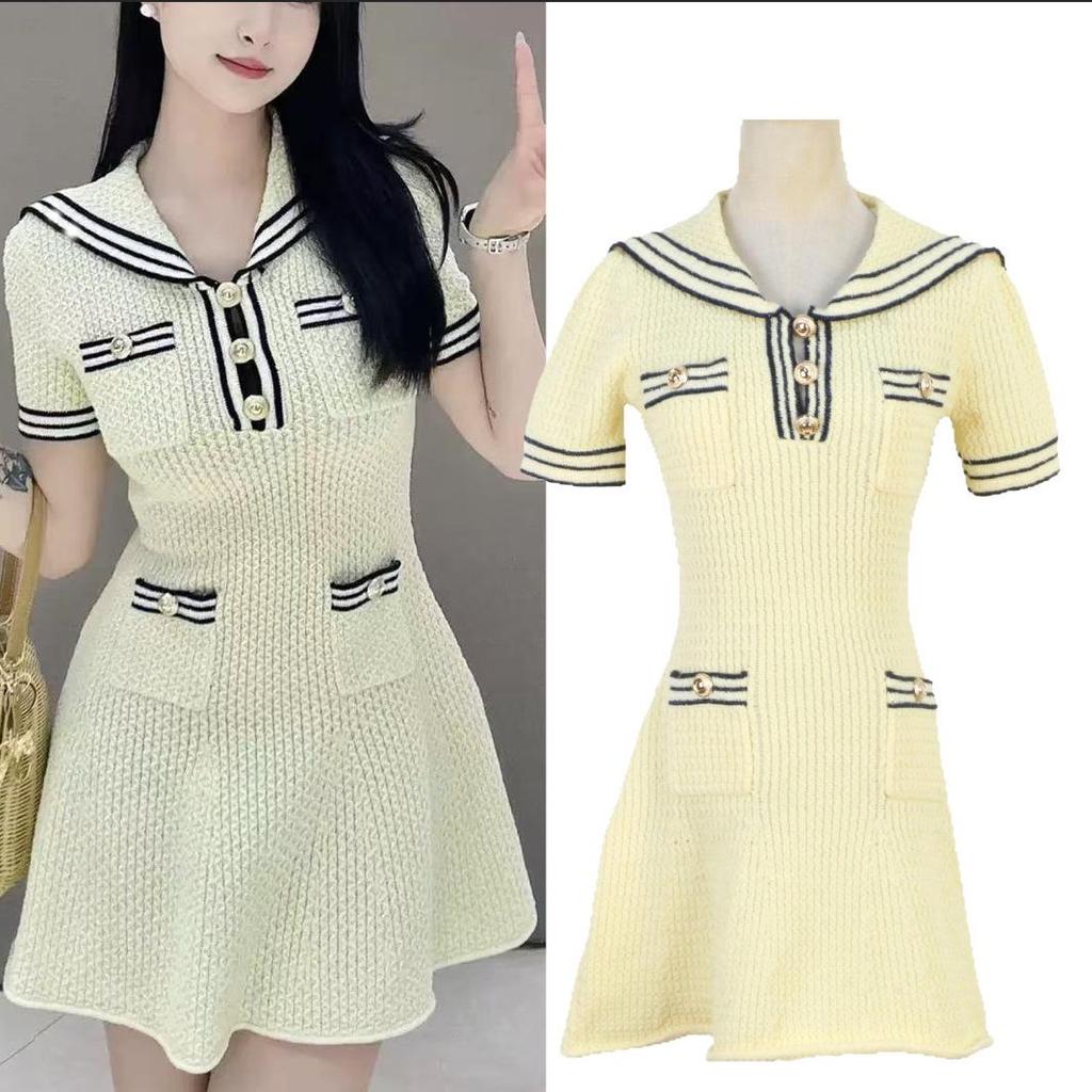 Navy Collar Color Block Striped Knitted Dress: French College Style Spring/Summer Women's Short Sleeve Waist-Hugging Short Skirt