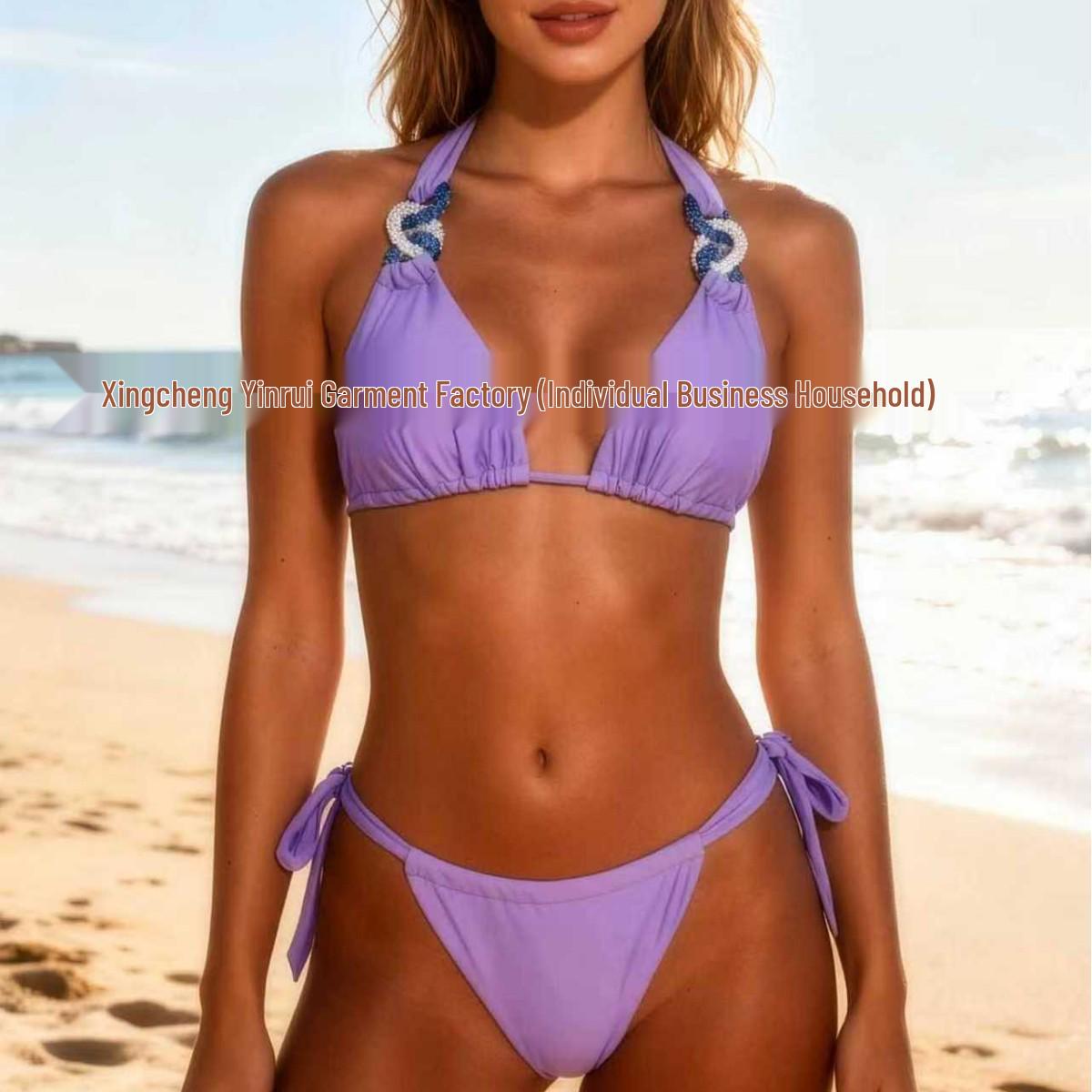 

European & American Strappy Purple Bikini: Solid Color Sexy Swimwear Extra Extra Large Фіолетовий