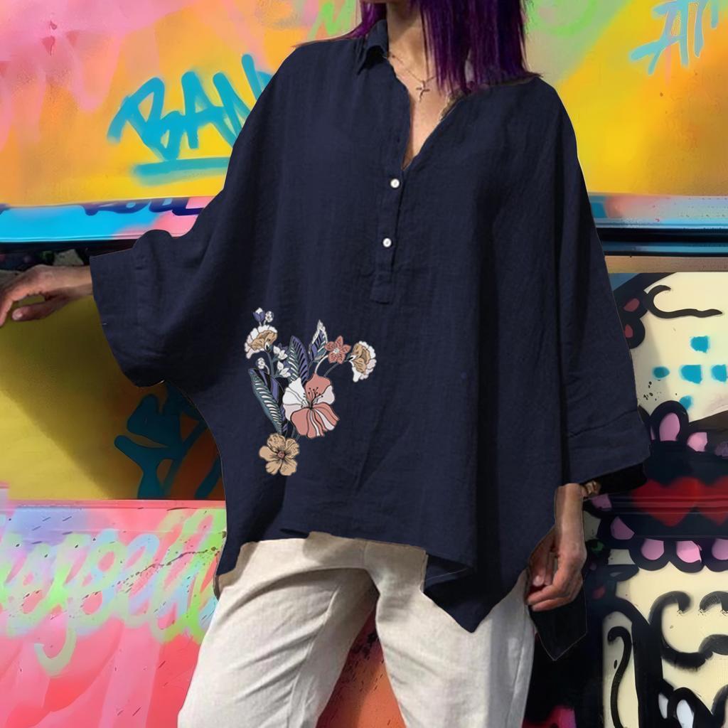 Women's Printed Morning Glory Loose Cotton and Linen Blouse Casual Women's Plus Size Women's Clothing