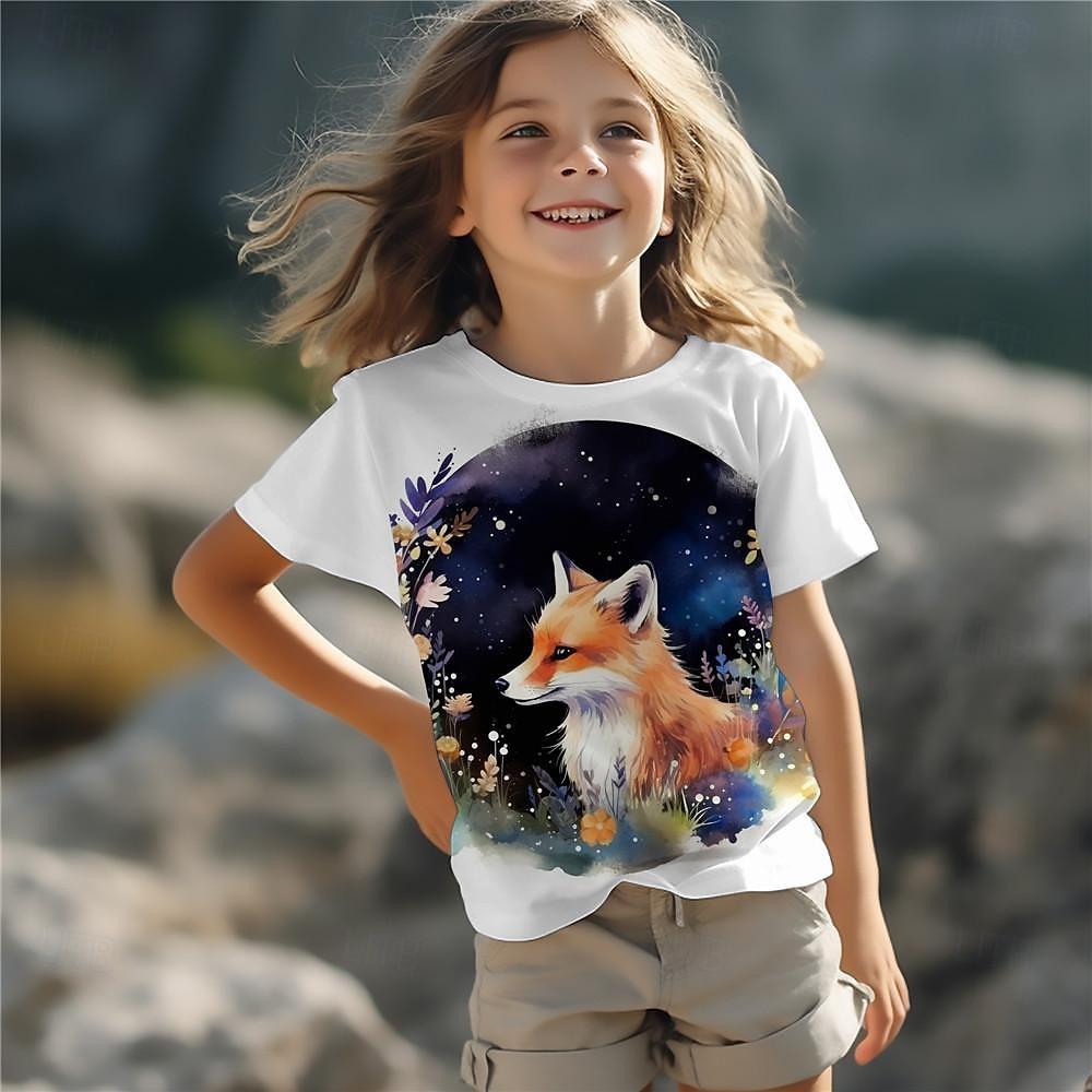 Dětské oblečení Dívčí tričko Krátký rukáv Roztomilá liška 3D potisk Dětské letní oblečení Ležérní Kreslené Kulatý výstřih Dívčí oblečení Topy
