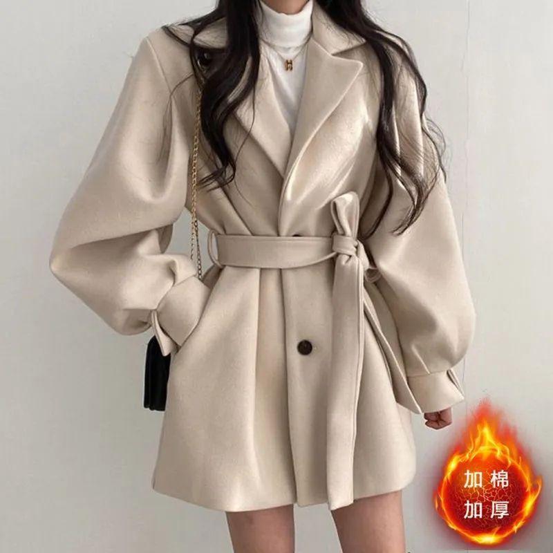Damen Wollmantel Jacke Woll-Oberbekleidung Laternenärmel Einreihig Umlegekragen Schnürung Vintage Herbst Winter Übermantel