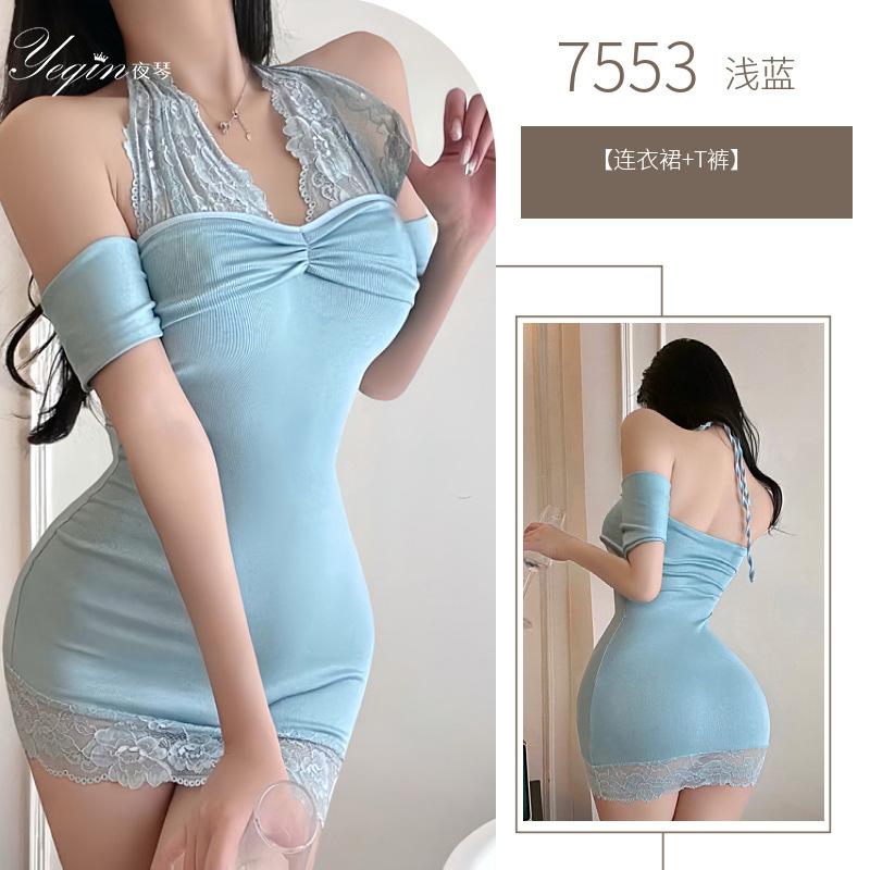 Mesh Lace Blue Tank Mini Dress T Shirt Fahsion Women Tops 2025 New Sexy Pure Desire Halter Nightdress Uniform Dress Elegant CAG4