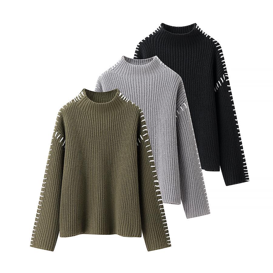 ZA Autumn/Winter Women's High Neck Color Block Pullover - European and American Street Style Fashion