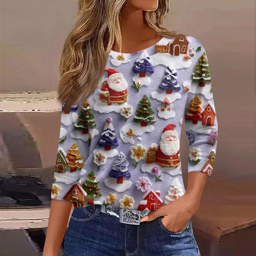 3/4 Sleeve Shirts For Women Print Graphic Tees Blouses Casual Plus Size Basic Tops Pullover