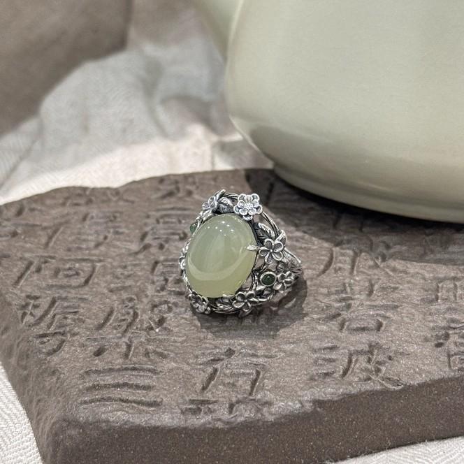 S925Silver-plated Thai silver glossy southern red agate floral cabochon ring for women, new Chinese-style vintage design