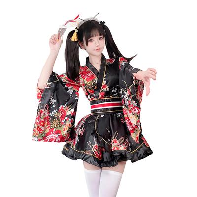 ChicFlow Yukata Lolita Adult Cosplay Japanese Floral Long School Set Dress, Style, Women's, Floral, Ocean, Sexy, Costume, Style, Satin, Print,
