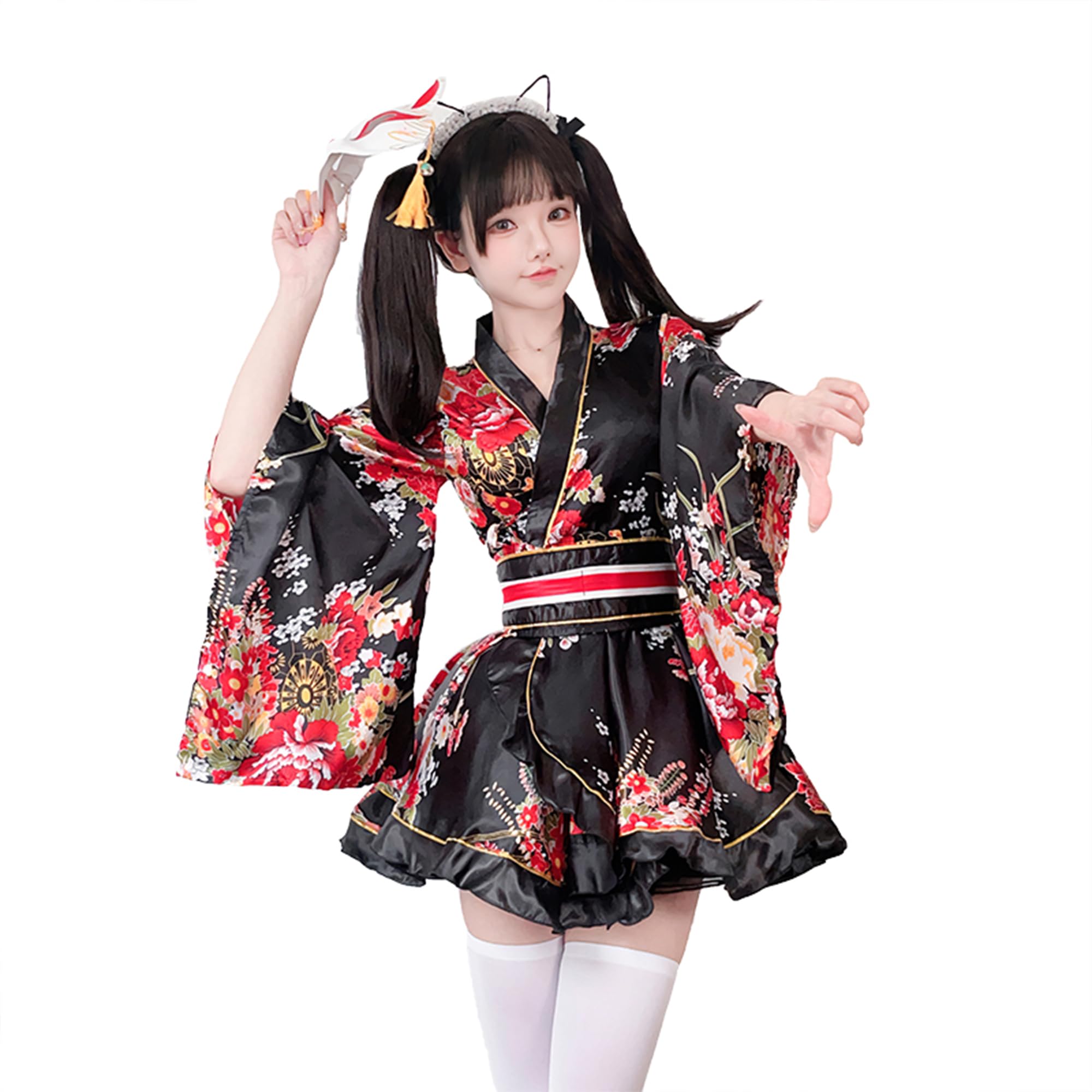 

ChicFlow Юката Лолита Взрослый Косплей Японский Цветочный Длинный Школьный Набор Платье, Стиль, Женский, Цветочный, Океан, Сексуальный, Костюм, Стиль, Сатин, Принт, чёрный