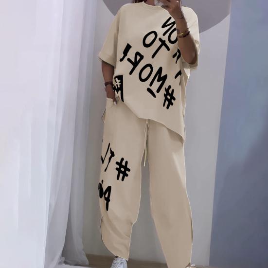 2Pcs/Set Women Summer Outfit O-Neck Short Sleeve T-shirt Waist Ties Pockets Harem