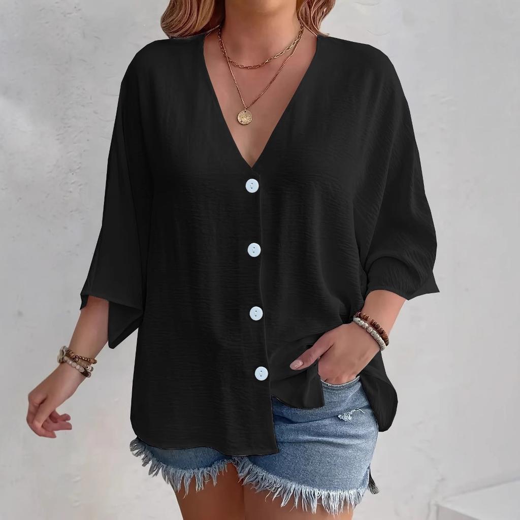 Damen Große Größen Einfarbige V-Ausschnitt 3/4 Ärmel Knöpfe Lockerer Schnitt Freizeit Bluse Hemd Top
