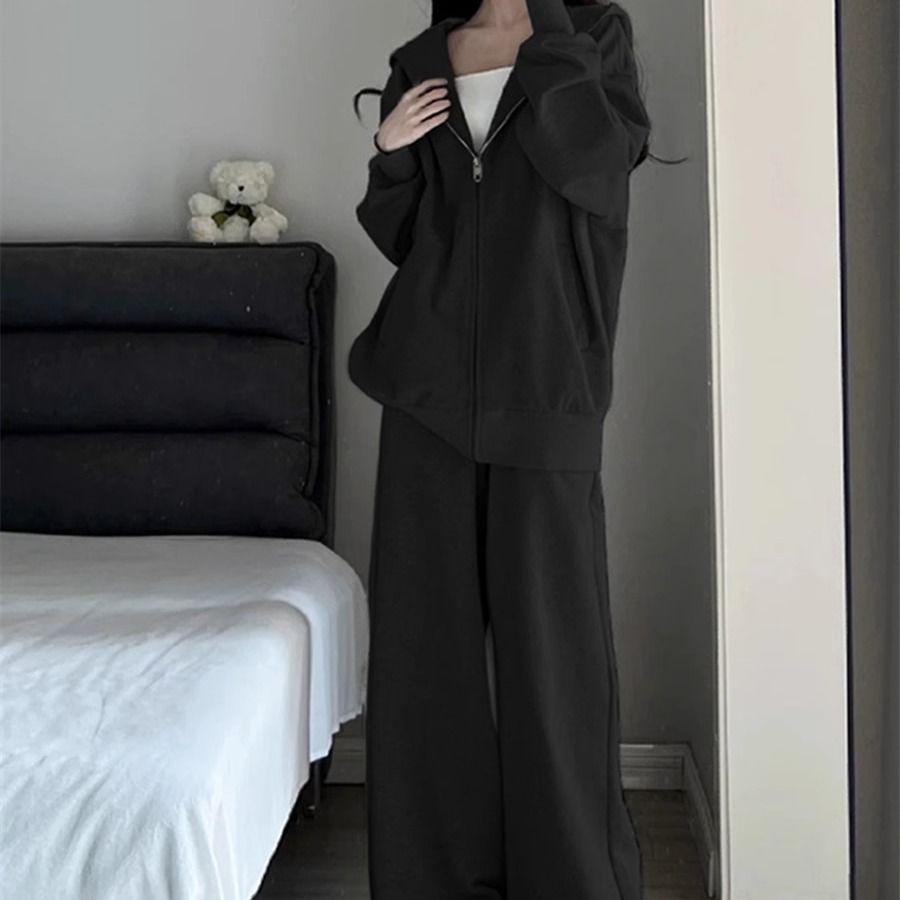 Grey Student Casual Hoodie and Cardigan Set: Trendy Two-Piece Sportswear