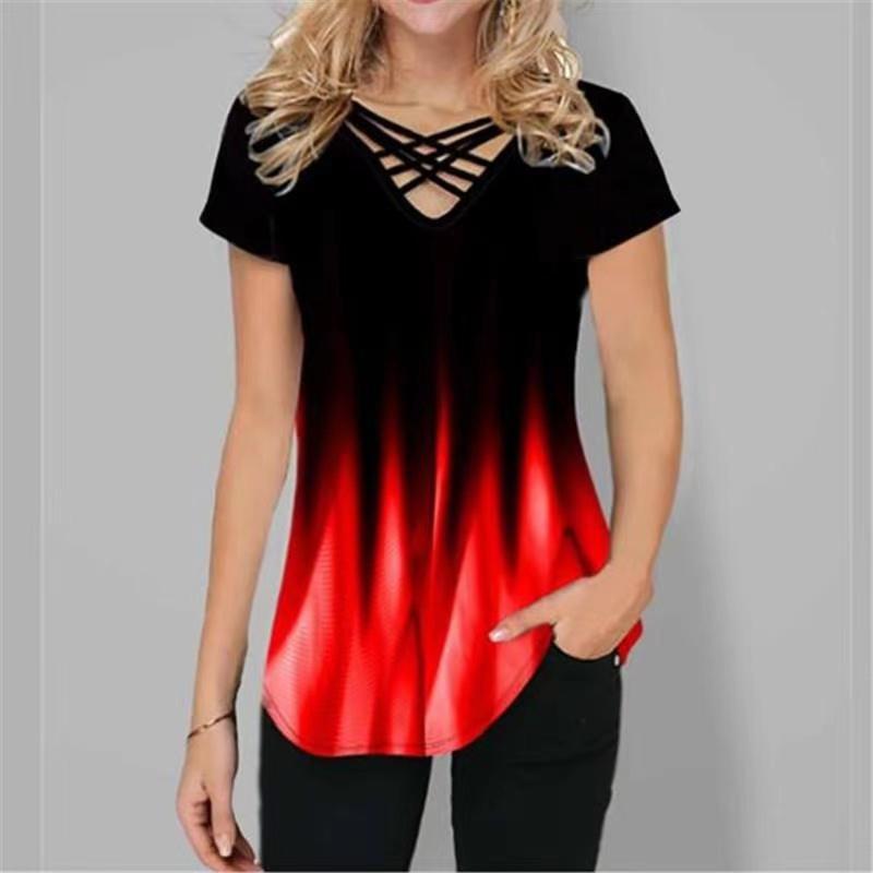 T-shirt da donna alla moda estiva casual allentata a maniche corte con stampa sfumata o-collo e camicette T-shirt comode top