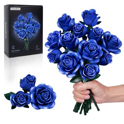 Blue Rose Bouquet Building Blocks Set Simulated Flowers Plant Home Decor Floral Model Bricks Toys Gift for Girls Women Adult