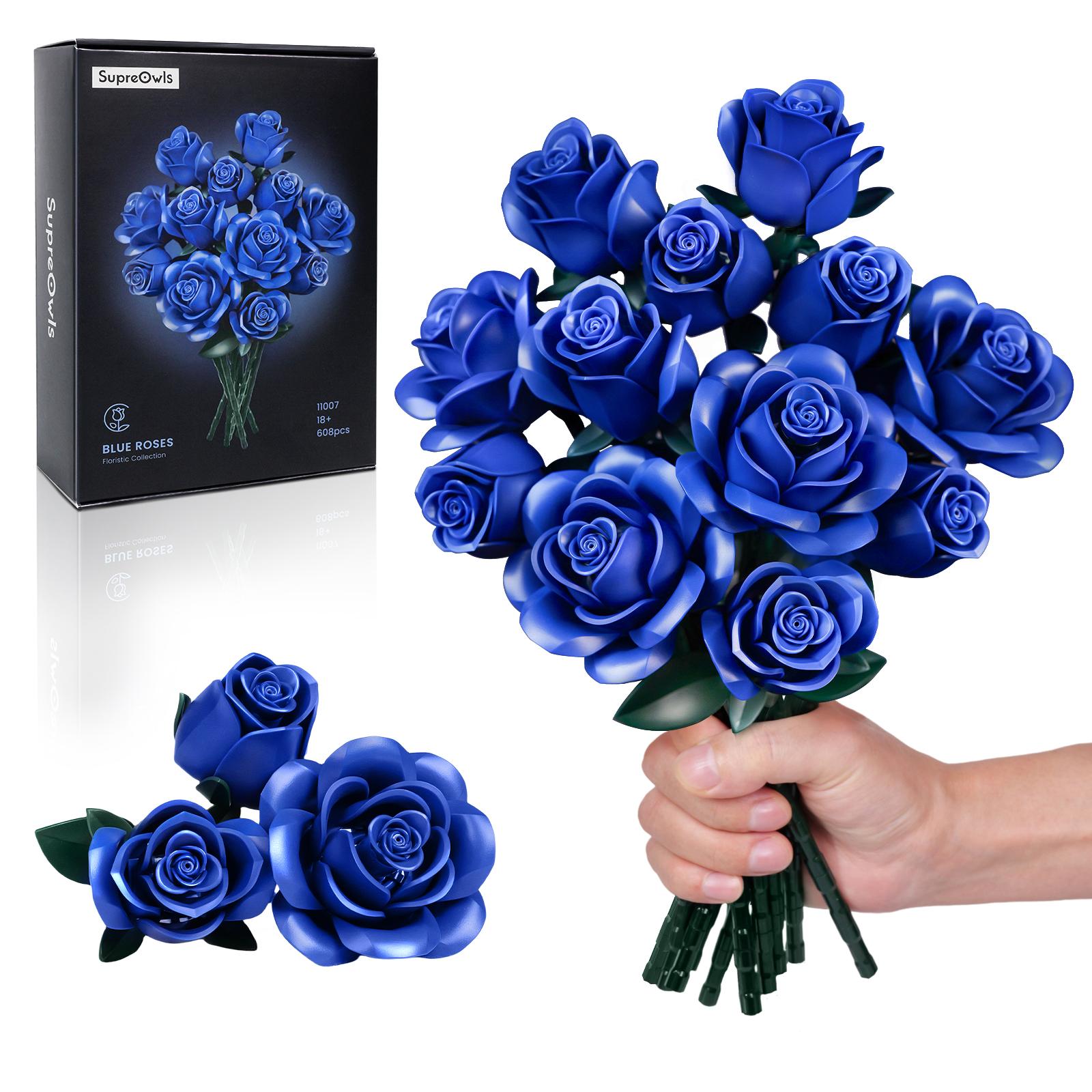

Blue Rose Bouquet Building Blocks Set Simulated Flowers Plant Home Decor Floral Model Bricks Toys Gift for Girls Women Adult