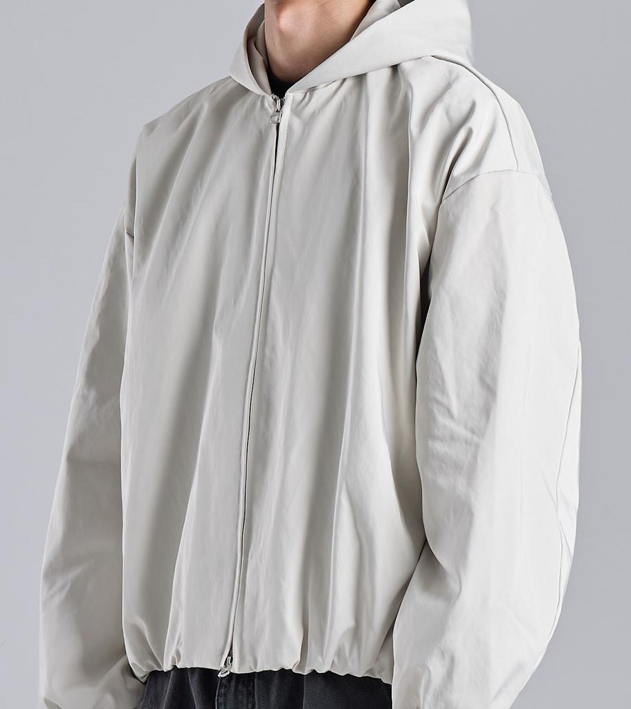 Button Seoul Glossy Texture Two-Way Banded Ribbed Hooded Blouson (White)