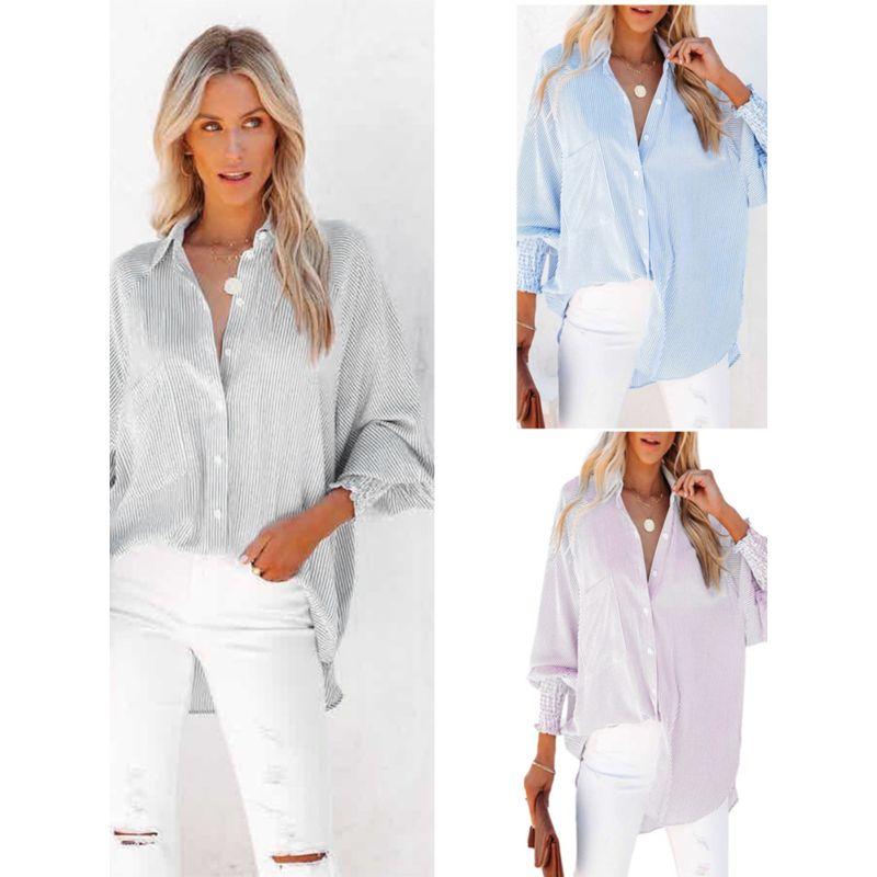 

Fashion Style Elegant Women s New Spring & Fall Amazon Tops Stripes Stand Collar Loose Bubble Long Sleeve Shirt Fashion Pink S