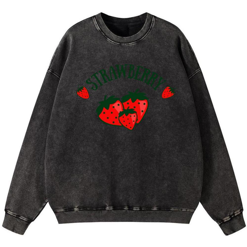 Strawberry Print Women'S Vintage Washed Cotton Sweatshirt Korean Thin Style Simple Hoodie Street Oversize Autumn