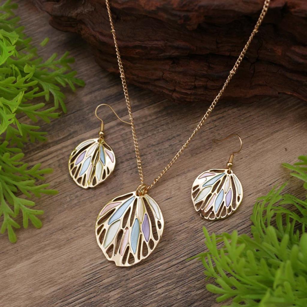New enamel color hollow leaf earrings pendant set, women's simple versatile leaf necklace
