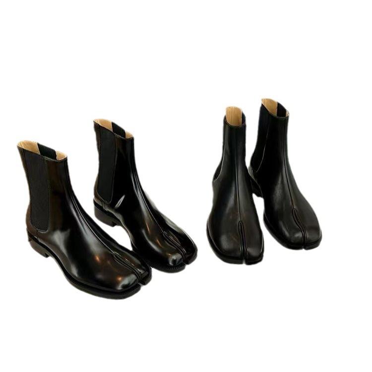 Cowhide Grape Mother Same Niche Medium Tube Elastic Toe Chelsea Boots Women's British Split Toe Short Boots Pig's Trotter Boots