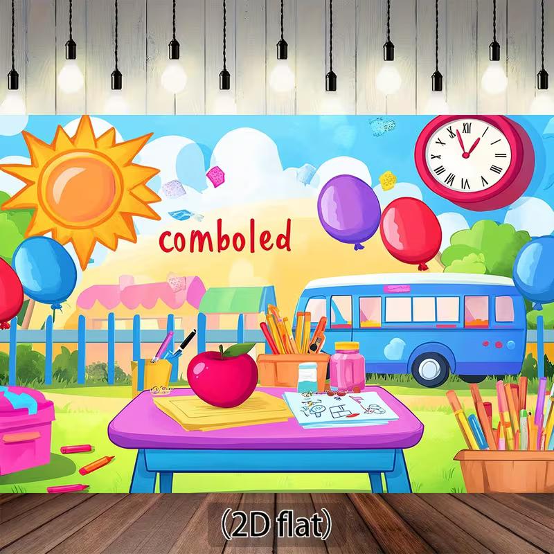 

2D First Day of School Banner with Classroom Elements, Art Supplies and a Cheerful Outdoor Setting 47.2x31.5inch/120*80cm