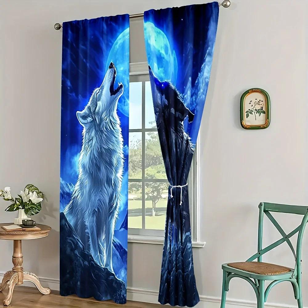 Low Growling Wolf Full Moon Scenery Printed Curtains Home Decoration Room Made Of Polyester