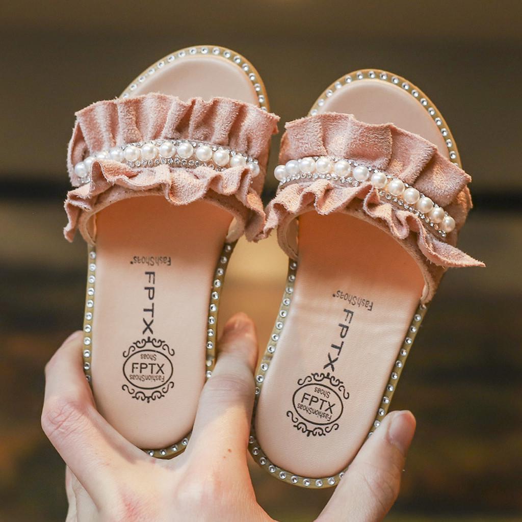 Toddler Kids Baby Girls Pearls Crystal Ruffles Princess Shoes Slippers Sandals