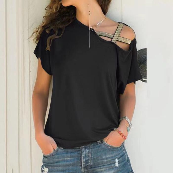 European & American Casual Slant Shoulder Irregular Short Sleeve Women's T-Shirt - Summer Fashion Trend