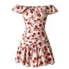 French vacation style red vacation style white retro floral dress waist thin beautiful small flying sleeve short skirt