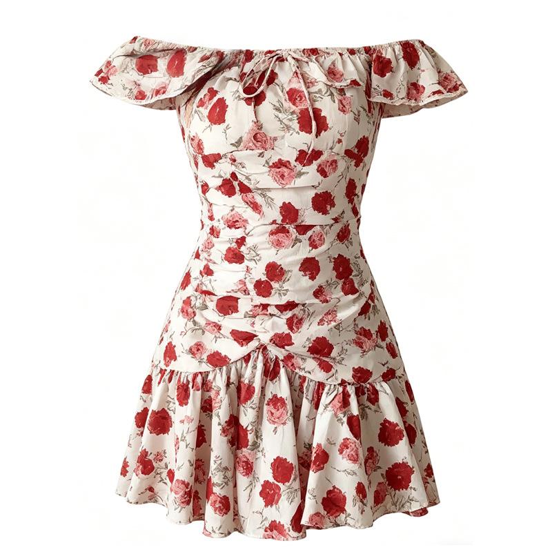 French vacation style red vacation style white retro floral dress waist thin beautiful small flying sleeve short skirt