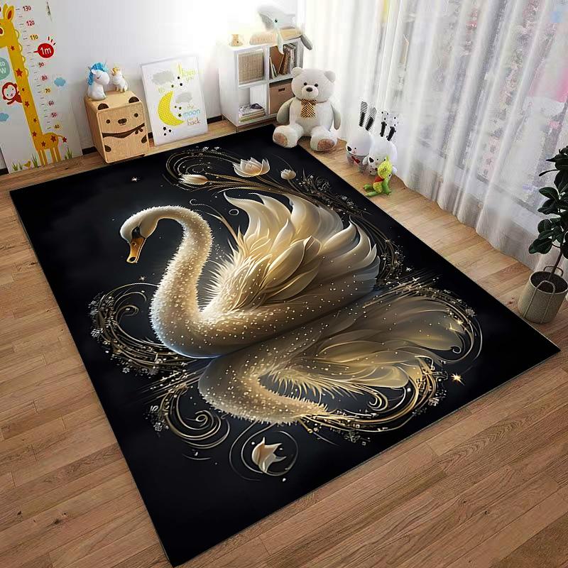 Elegant Swan Design Black and Gold Carpet with Floral Accents Suitable for use as an anti-slip for living room bedroom sofas