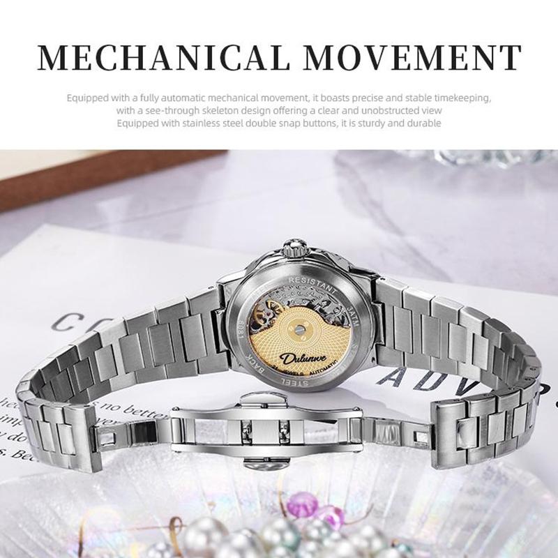 Skeleton Mechanical Watches Rose Gold Case Diamond Bezel Luminous Waterproof Fluororubber Strap Watch