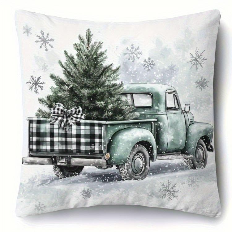 Christmas Pillowcase: Green Card Car Pine, Tree View and Warm Greetings New Year Home Decoration 2d Flat Printing