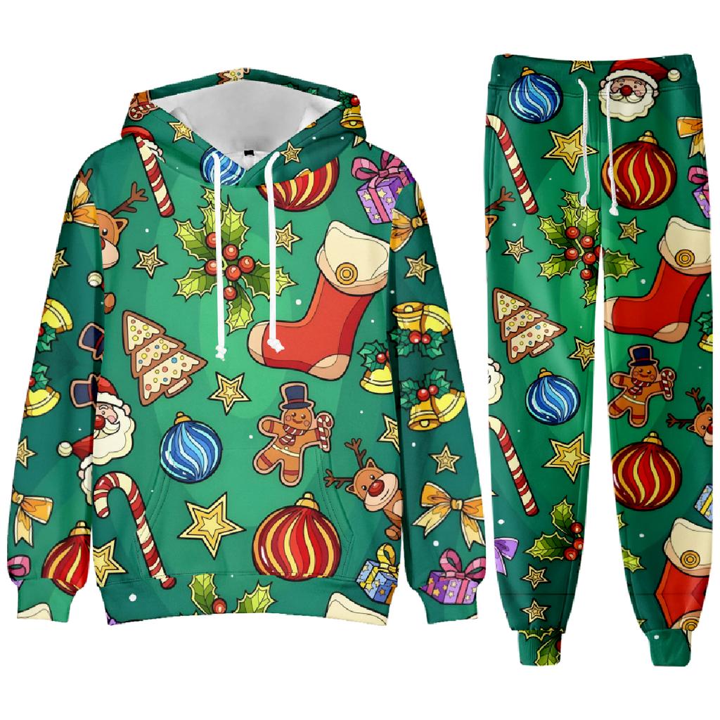 Party New Year Holiday 3D Printed Christmas Santa Claus Man Woman Hoodies Pants 2pcs Sets Casual Oversized Long Sleeve Set